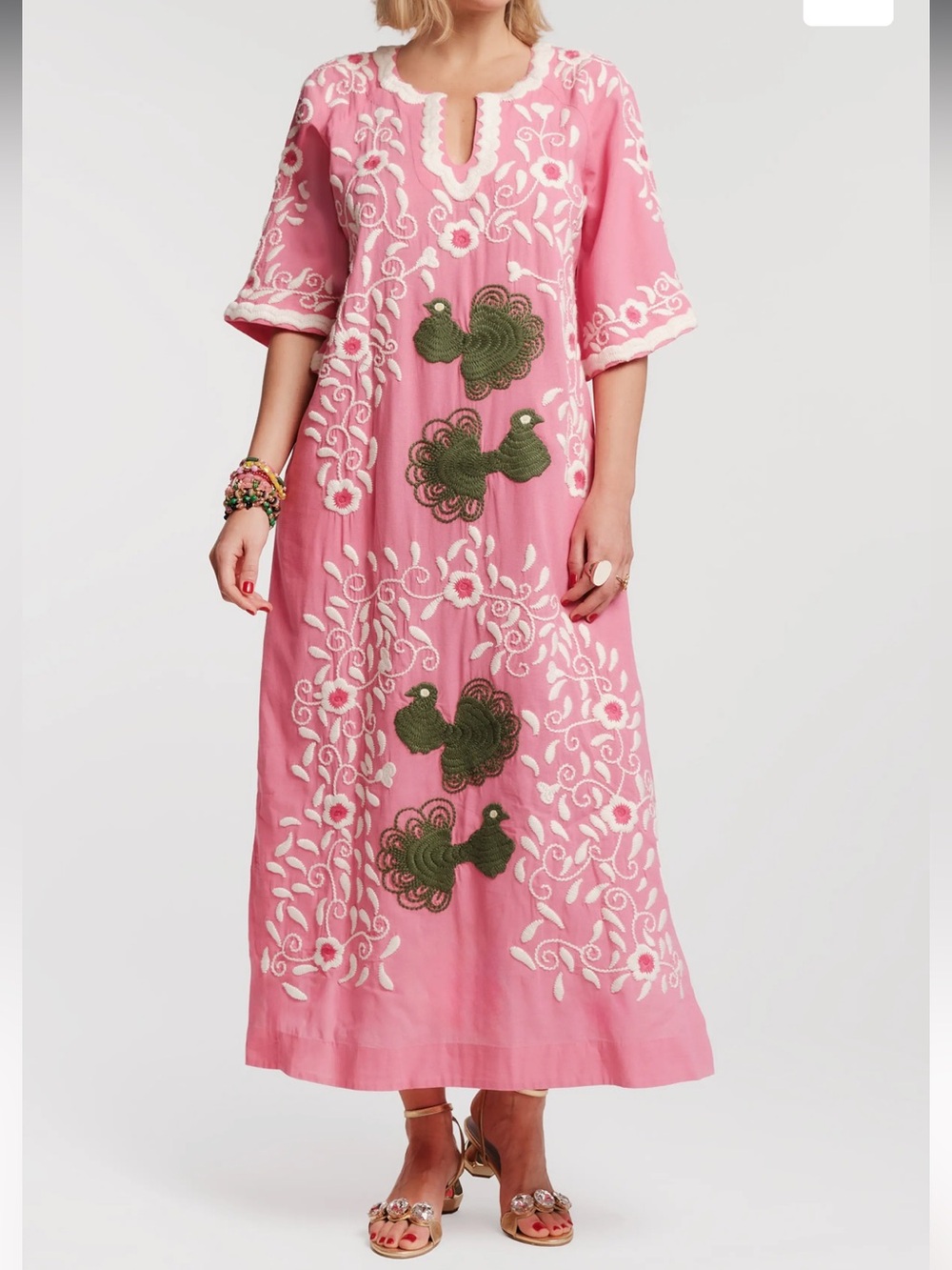 Frances Valentine Peacock Caftan Maxi Dress Women Small Pink Green White